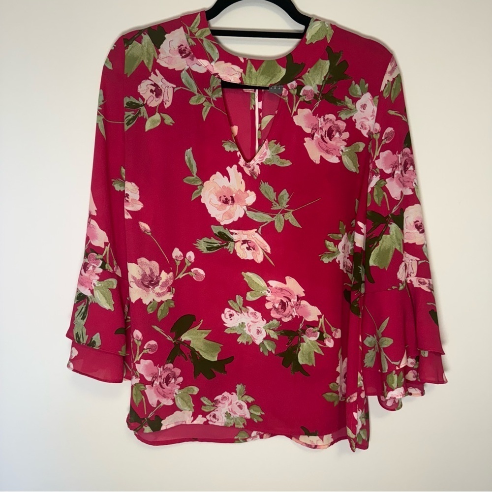 New York & Company Floral Pink Blouse Size L